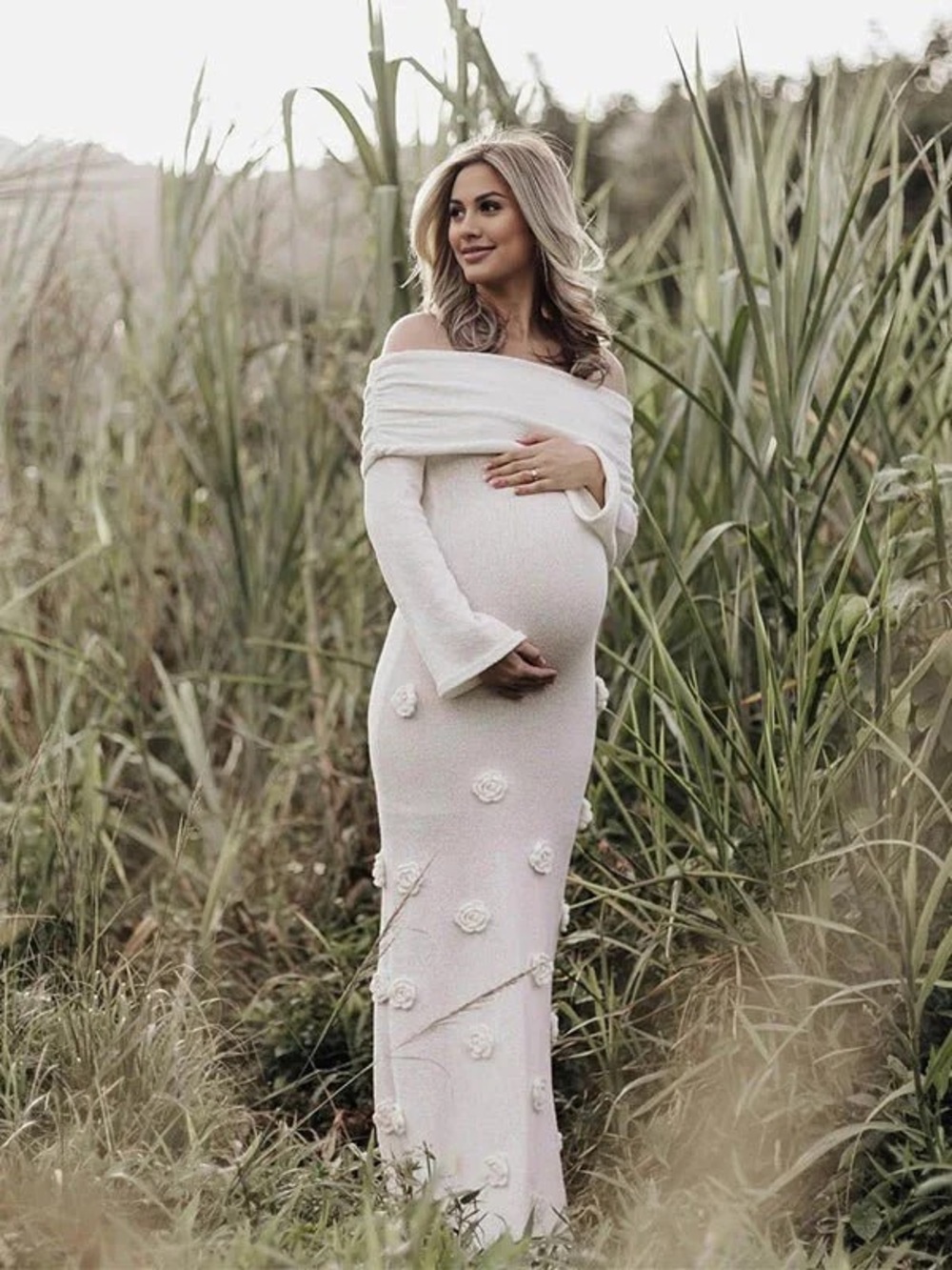 Off-Shoulder Long Sleeve Maternity Maxi Dress in Cream with Floral Appliqués